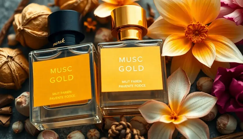 A close-up of Musc Gold perfume ingredients, including musk pods and floral elements, artistically arranged.