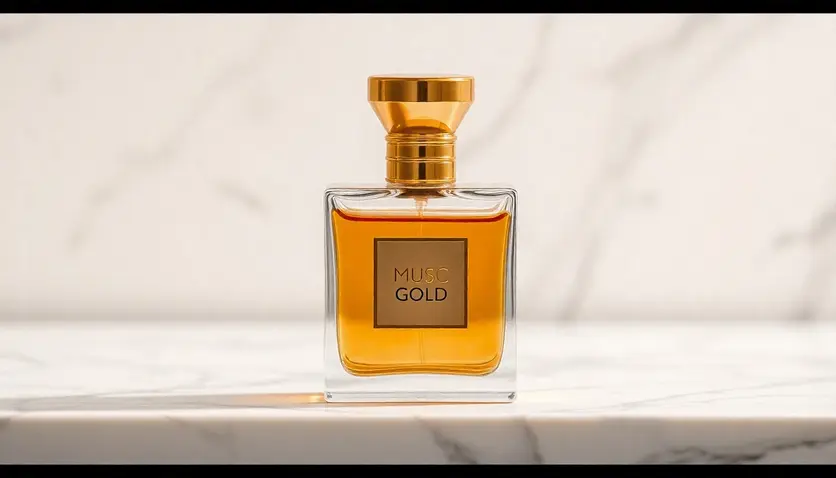 A luxurious bottle of Musc Gold perfume with a golden cap, placed elegantly on a marble surface with a soft-focus background.