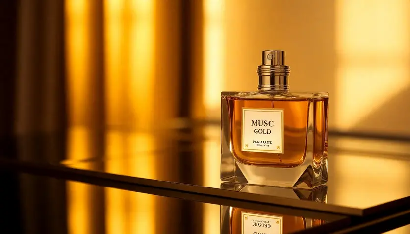 A luxurious bottle of Musc Gold perfume with an elegant design, placed on a reflective surface with a golden hue.