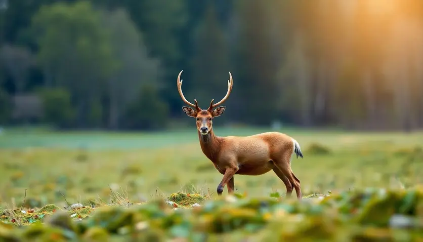 A serene landscape with musk deer in a natural habitat, symbolizing the origin of natural musk.