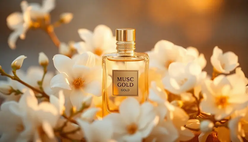 A serene setting with Musc Gold perfume bottle surrounded by white flowers and a soft golden light.